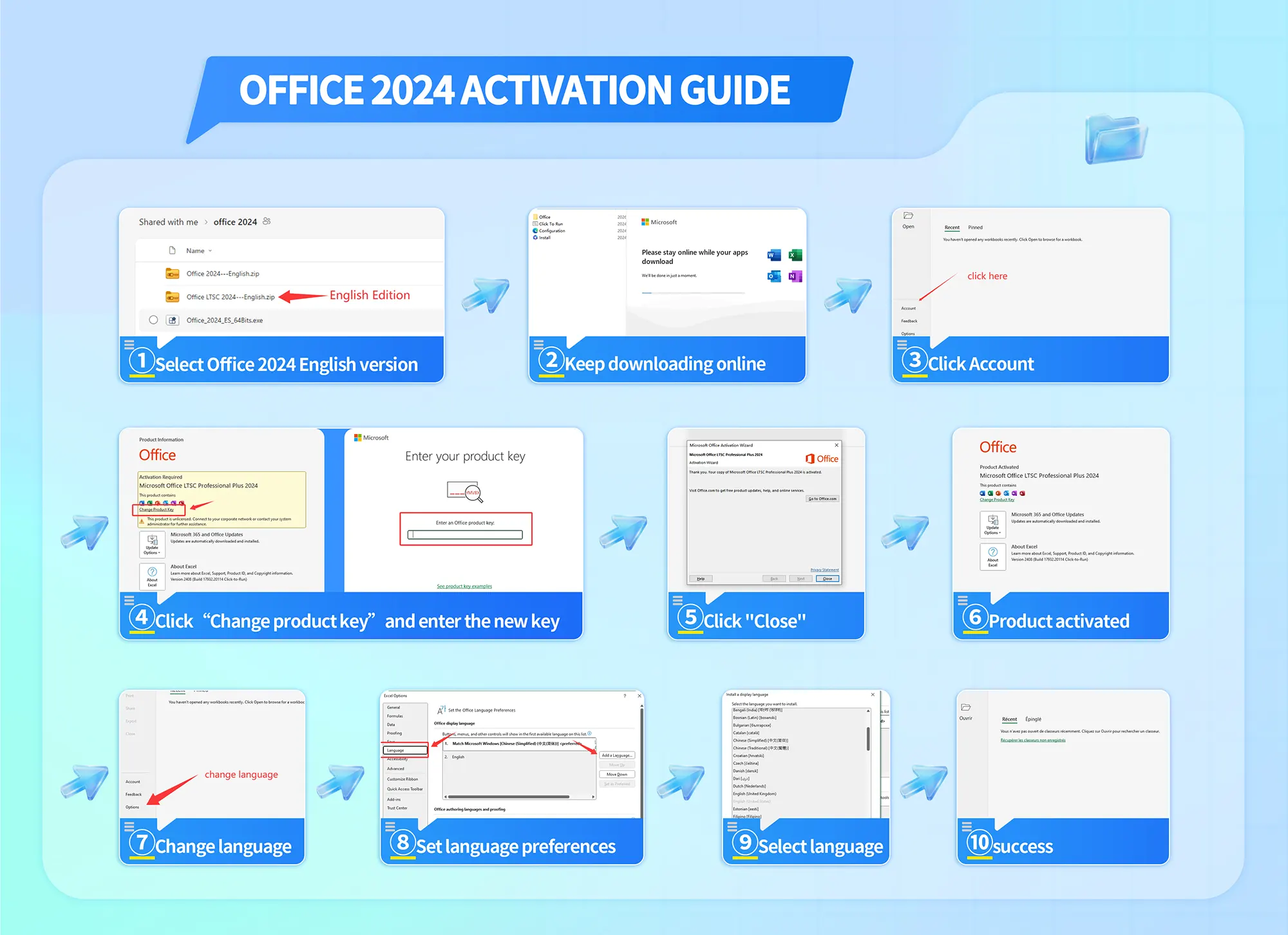 Office 2024 activation guide: download, install, enter product key, activate Office, and change language