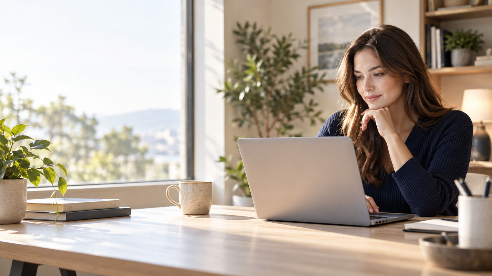 A woman working on a laptop in a bright home office